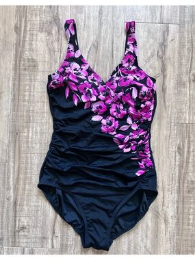 Floral Accent Black One-Piece Swimsuit - Pink purple flowers swim beach
